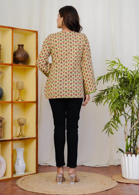 Trendwize Women Mustard Cotton Printed Top – Floral Print V-Neck Casual Summer Wear, Regular Fit Flared Sleeve Top for Women - Alternate